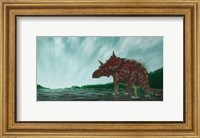 Framed Xenoceratops in the Shallow Waters of a Prehistoric River