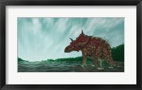 Framed Xenoceratops in the Shallow Waters of a Prehistoric River