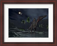 Framed Asteroid Impact on the Moon while a Spinosaurus Wanders in the Foreground