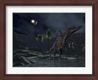 Framed Asteroid Impact on the Moon while a Spinosaurus Wanders in the Foreground