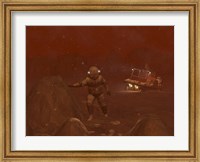Framed Illustration of Astronauts Exploring the Surface of Saturn's Moon Titan During a Blizzard