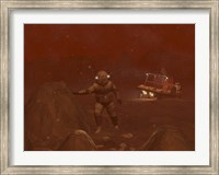 Framed Illustration of Astronauts Exploring the Surface of Saturn's Moon Titan During a Blizzard