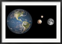 Framed Artist's concept of the Earth, Pluto, Charon, and Earth's moon to scale
