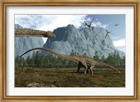 Framed Diplodocus Dinosaurs Graze While Pterodactyls Fly Overhead