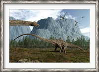 Framed Diplodocus Dinosaurs Graze While Pterodactyls Fly Overhead