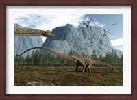 Framed Diplodocus Dinosaurs Graze While Pterodactyls Fly Overhead