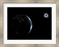 Framed Illustration of the City Lights on a Dark Earth During a Solar Eclipse