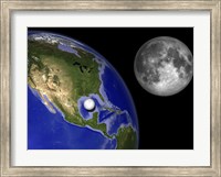 Framed Illustration of Enceladus in front of the Earth and next to Earth's moon