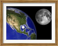 Framed Illustration of Enceladus in front of the Earth and next to Earth's moon