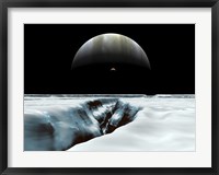Framed Crescent Jupiter and Volcanic Satellite, Io, Hover over the Horizon of the Icy Moon of Europa