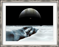 Framed Crescent Jupiter and Volcanic Satellite, Io, Hover over the Horizon of the Icy Moon of Europa