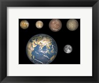 Framed Artist's Concept of Jupiter's Four largest Satellites laid out above the Earth and it's Moon