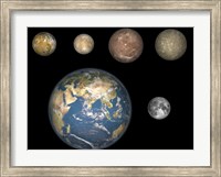 Framed Artist's Concept of Jupiter's Four largest Satellites laid out above the Earth and it's Moon
