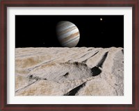 Framed Artist's Concept of an Impact Crater on Jupiter's Moon Ganymede, with Jupiter on the Horizon