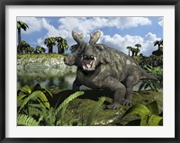 Framed Estemmenosuchus Mirabilis Stands Before a Lake 255 Million years ago