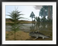 Framed Late Devonian Ichthyostega emerges from Waters of a Floodplain