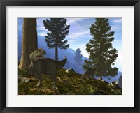 Framed Pair of Allosaurus Search for a Meal along a Mountainside Forest