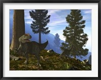 Framed Pair of Allosaurus Search for a Meal along a Mountainside Forest