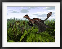 Framed Feathered Microraptor Perched atop a Tree Fern