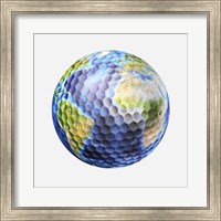Framed 3D rendering of a planet Earth Golf Ball, White Background