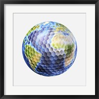 Framed 3D rendering of a planet Earth Golf Ball, White Background