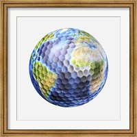 Framed 3D rendering of a planet Earth Golf Ball, White Background
