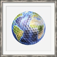 Framed 3D rendering of a planet Earth Golf Ball, White Background