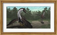 Framed Ornithomimus Mother Dinosaur with Juveniles, Adult Male in Background