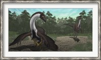 Framed Ornithomimus Mother Dinosaur with Juveniles, Adult Male in Background