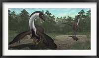 Framed Ornithomimus Mother Dinosaur with Juveniles, Adult Male in Background