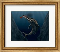 Framed Ophthalmosaurus Catches a Squid in the Deep Sea