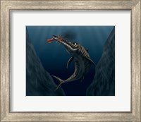 Framed Ophthalmosaurus Catches a Squid in the Deep Sea