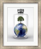 Framed Planet Earth with a Tree on Top, inside a Glass Bottle