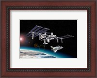 Framed Space Station in Orbit Around Earth with Space Shuttle