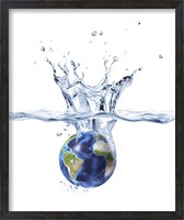 Framed Planet Earth Falling into Clear Water, Forming a Crown Splash