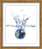 Framed Planet Earth Falling into Clear Water, Forming a Crown Splash