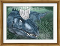 Framed Cryolophosaurus Walking through a Jurassic Forest