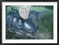 Framed Cryolophosaurus Walking through a Jurassic Forest