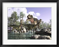 Framed Tyrannosaurus Rex Hunting two Gallimimus Dinosaurs in a River