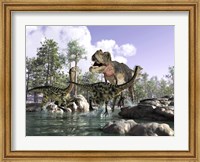 Framed Tyrannosaurus Rex Hunting two Gallimimus Dinosaurs in a River