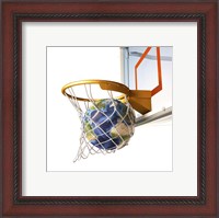 Framed 3D Rendering of Planet Earth Falling Into a Basketball Hoop