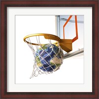 Framed 3D Rendering of Planet Earth Falling Into a Basketball Hoop