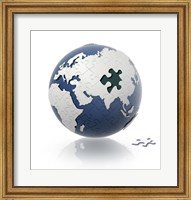 Framed Earth Globe with Puzzle Pattern and one Piece on the Floor
