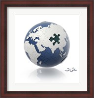 Framed Earth Globe with Puzzle Pattern and one Piece on the Floor