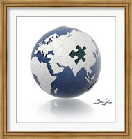 Framed Earth Globe with Puzzle Pattern and one Piece on the Floor