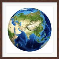 Framed 3D rendering of Planet Earth with Clouds, Centered on Asia