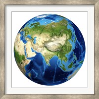 Framed 3D rendering of Planet Earth with Clouds, Centered on Asia