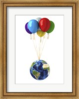 Framed Planet Earth Lifted by a Bunch of Flying Multicolored Balloons
