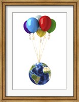 Framed Planet Earth Lifted by a Bunch of Flying Multicolored Balloons