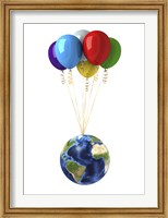 Framed Planet Earth Lifted by a Bunch of Flying Multicolored Balloons